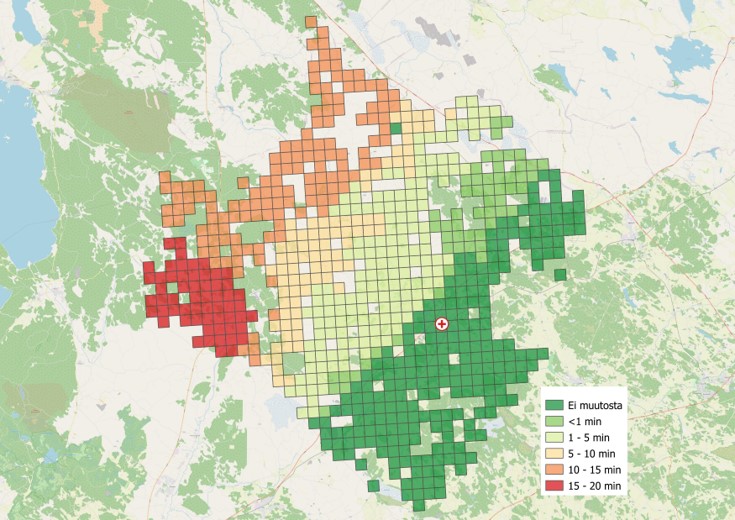 Matka ajan muutos suhteessa nykytilaan 1 toimipisteen vaihtoehdossa 1 1