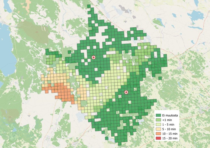Matka ajan muutos suhteessa nykytilaan 2 toimipisteen vaihtoehdossa 1